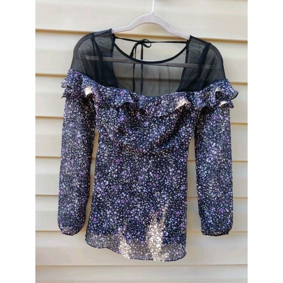 Free People Black Purple Floral Smocked Ruffle Sheer Tie Neck Top Blouse Size 2 - Picture 3 of 12